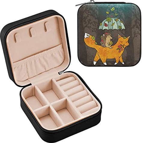 OTVEE Reise-Schmuckschatulle aus PU-Leder, tragbar, klein, Reise-Schmuckkästchen, Mini-Schmuckschatullen für Damen, Mädchen, Igel und Fuchs, Schmuck-Organizer für Ohrringe, Ringe, Halsketten