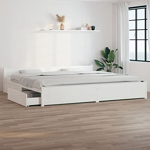 Festnight Bett mit Schubladen Massivholzbett Weiß Holzbett Bettrahmenbett Lattenrost Bettgestell Holz Doppelbett Gästebett Jugend-Bett Schlafzimmer 180x200 cm 6FT Super King