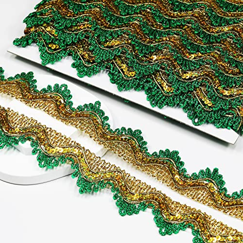 Länge 15 Yards (13,7 m), Breite 4 cm/1,97 Zoll, goldgrüne Pailletten-Spitzenborte, Bastelband, verzierte Gimpen-Bordüre für Hochzeit, Braut, Performance-Kostüme oder Schmuck, Basteln und Nähen (Gold