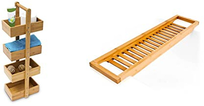Relaxdays Bambus Badregal 75 x 25 x 18 cm, Natur & Badewannenablage aus Bambus mit Gitter HBT: 4 x 64 x 15 cm Wannenbrücke zur Ablage von Seife oder Schwamm Badewannenauflage, Natur