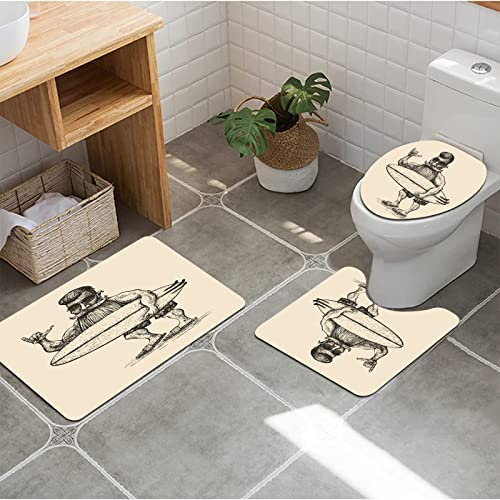 URSOPET Badezimmer Set, rutschfeste Badematte und WC-Vorleger-Set, Hipster Surfer Bart Schnurrbart Sonnenbrille und Surfbrett Gravur Linolschnitt Mann weich, wasserabsorbierend,WC-Garnitur, 3-teilig