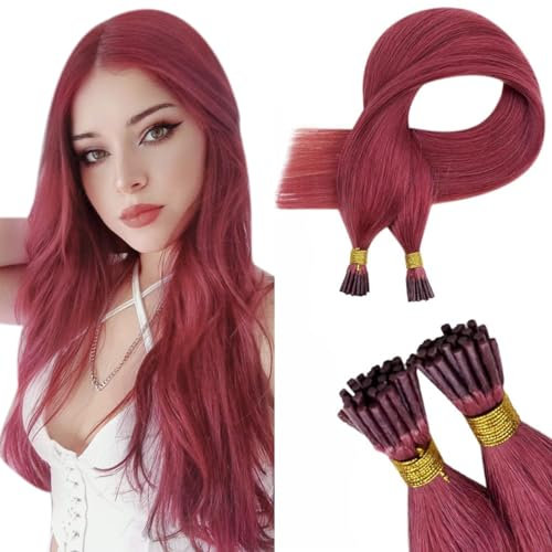 RUNATURE Stick I Tip Hair Extensions Human Hair Red Prebonded Hair Extensions Burgundy Keratin I Tip Human Hair Extensions Colored Red Hair 16 Inch 20 Gram
