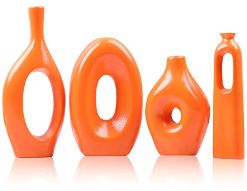 Lot de 4 vases ronds creux en céramique orange pour décoration d'herbe de la pampa et de fleurs, petits vases modernes et minimalistes pour salon, chambre à coucher, cheminée, table basse et centres