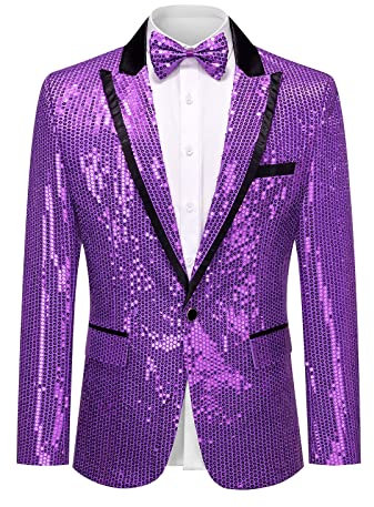 Giacca da uomo con paillettes lucide Blazer con un bottone smoking per feste di nozze, Viola, S
