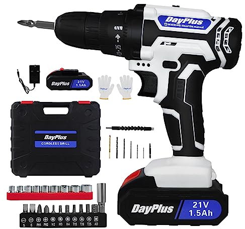 VickyHome 21V Cordless Power Drill, 2 Speed Electric Screwdriver, 45NM Torque, LED Work Light, Spirit Level, 3/8 Keyless Chuck, 26PCS Drill Bits, Carry Case