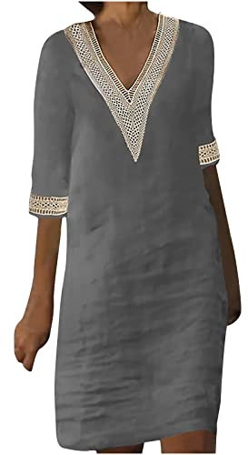 Cotton Linen Dress for Women UK Summer Casual Dress Crochet Lace Party Short Sleeve Solid Midi Length Party Solid Lace Plus Size Shirt Ladies Vacation Grey L