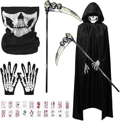 SPHERETRON Sensenmann Kostüm Herren Halloween Kostüm Erwachsene Sensenmann Kostüm Schwarzer Umhang mit Kapuze Halloween Umhang Halloween Kostüm Männer für Halloween Party Cosplay - 170cm