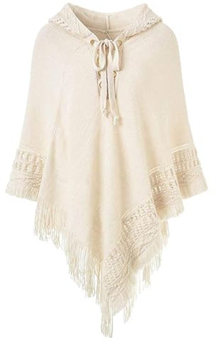 Rayson Poncho Mujer Invierno con Capucha Flecos Hueco Bohemio Elegante Corta Ponchos y Capas (Beige, Talla Única)