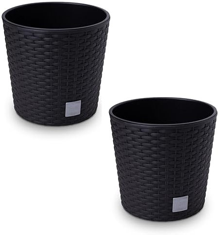 HappyFlower 2er Set Anthrazit Blumentopf Höhe 19 cm, Durchmesser 20 cm mit Einsatz Rund Rattan Optik