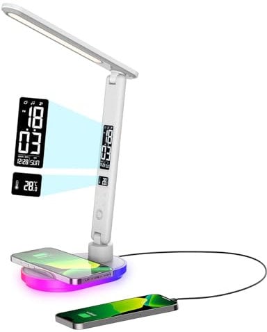 Schreibtischlampe LED Dimmbar mit Ladefunktion Uhr,Tischlampe Touch Dimmbare mit 3 Farbstufen und 5 Helligkeiten,lampe mit USB Anschluss,Uhr,Farbnachtlicht,LCD,Temperatur für Schlafzimmer,Büro (weiß)