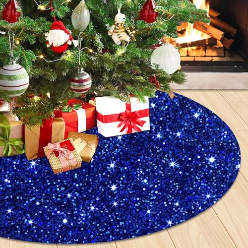 WUPIOS Blauer Mini-Weihnachtsbaumrock, 53,3 cm, kleiner Pailletten-Baumrock für 122 cm, Samtstoff, glitzernde Tisch-Baumrock, königsblaue Baumröcke für Bleistiftbaum, blaue Weihnachtsschmuck