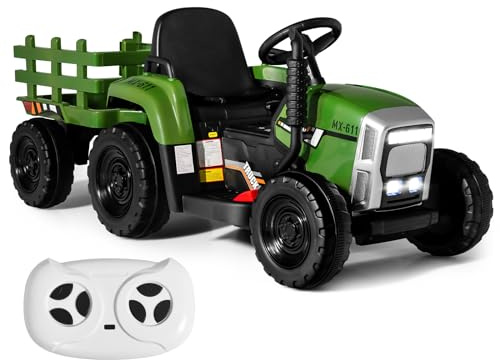 SOARS Elektrischer Traktor für Kinder, 12 V, mit Anhänger (dunkelgrün) | Traktor mit Fernbedienung und Gaspedal, Fahrzeug mit Multimedia, Hupe und Licht, Belastung 30 kg