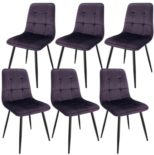 WAFTING Esszimmerstühle 6er Set, gepolsterter Stuhl mit hoher Rückenlehne und holländischem Samtdesign, Esstischstühle mit Metallfuß, für Esszimmer, Wohnzimmer und Empfangsraum, Dunkelviolett