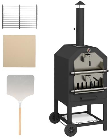 Outsunny Horno de pizza 2 en 1 para exteriores de 3 niveles, parrilla de carbón independiente con cubierta para lluvia, chimenea, termómetro, estante inferior, asas antiquemaduras, ruedas para