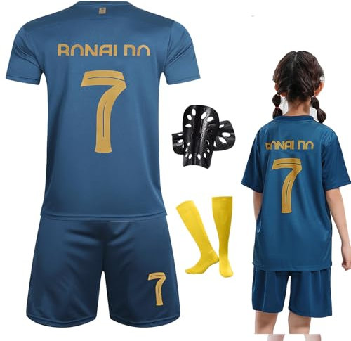 Ronronner Fussballtrikot, Fußball Set Kinder, Nr.7 Fußballtrikot Kinder Set, Fußball-Trainingstrikots für Jungen mit Socken und Schienbeinschoner (B, 140-150)