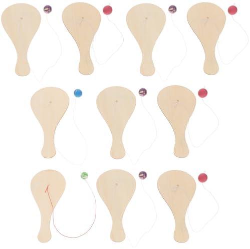 Amosfun 10 de de madera con cuerda, raquetas de de madera sin procesar para niños, pintura de graffiti, manualidades para niños, de fiesta, juguete divertido