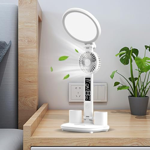 GDWD Desk Lamp, LED Table Lamp with Fan, 3 Colour Modes, Dimmable Desk Light, USB Charging Port, Touch Table Lamp with Clock/Calendar/Temperature/Pen Holder for Office, Reading, Children