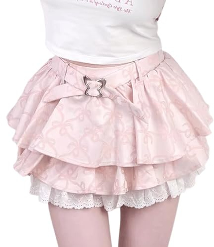 RILGOU Kawaii Gothic Harajuku Lolita Casual A-Linie Niedliche Schmetterlingsschnalle Rüschen Spitzenbesatz Plissee gestufter kurzer Rock