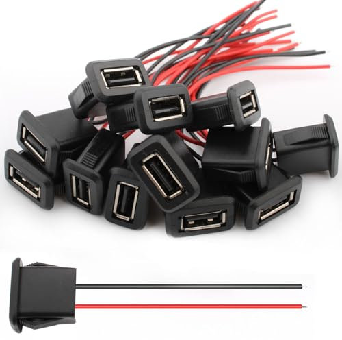 VISSQH 12 Pièces USB A 2 broches connecteur Femelle,USB Type A souder connecteur 2 fils 3A USB Type A Montage sur Panneau connecteur 22 AWG USB A Câble d'extension avec Boucle à Rainure à Pression