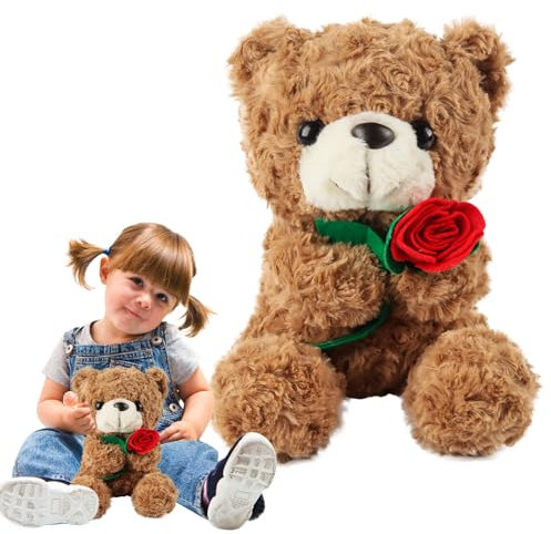 TIVUNORON Orsacchiotto peluche con rosa, 25cm Regalo di Peluche a forma di orsacchiotto per San Valentino, Orso di Peluche per San Valentino, Marrone