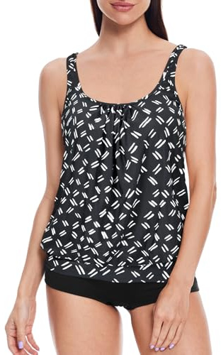 loginsummer 2 Piece Swimming Costume Women Padded Tankini Sets for Women UK High Waist Plus Size Swimwear Tummy Control Blouson Tankini Top with Shorts