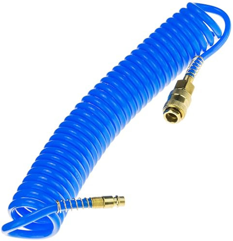 Druckluft Spiralschlauch SP-PU 5 m, Druckluftschlauch 5/8mm aus PU, max. Druck 10 Bar, mit Knickschutz und Schnellkupplung, geeignet für pneumatische Werkzeuge