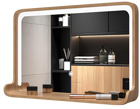 Wand Montierter Badspiegel LED-Kosmetikspiegel, Beleuchteter Spiegel Mit Massivholzrahmen, Horizontaler/ Vertikaler Quadratischer Beleuchteter Schminkspiegel Mit Ablage(Wood,50CMX70CM_HORIZONTAL)