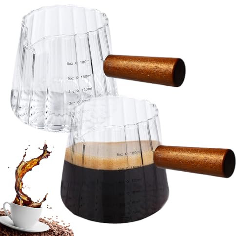 2 Stück 180ml Espresso Messbecher Glas mit Holzgriff, Espressotassen, Glas Messbecher, Messbecher, Espresso Gläser Messbecher mit Doppelter Skala, Mini Espressotasse für Kaffee Milch Cappuccino Tee