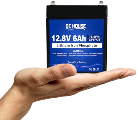DCHOUSE 12V 6Ah Mini Batterie LiFePO4, BMS 6A Schutz, Spitze 33A/1s | Wiederaufladbar 15000 Zyklen, für USV, Fischfinder, Kinderwagen, Solarmodul, Camping, Solaranlage, Wohnmobil