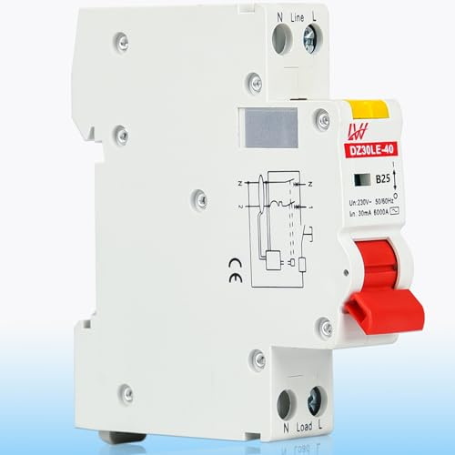 Warmfay FI/LS-Schalter Kompakt RCBO 30mA B25 230V, Fehlerstromschutzschalter 1P+N 6kA, RCD-Geschützter Leistungsschalter 35mm DIN Schienen Montage, Kurve B