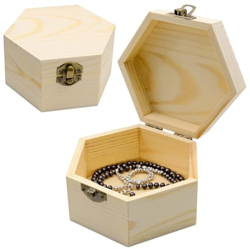 Fahibin 2pcs Sechseckige Hölzerne Box,Holzbox mit Deckel Klein,Sechseck Unlackiert Hölzernen Schmuck-Box, für Home Decoration, DIY Handwerk, Hochzeit 13 * 13 * 7cm