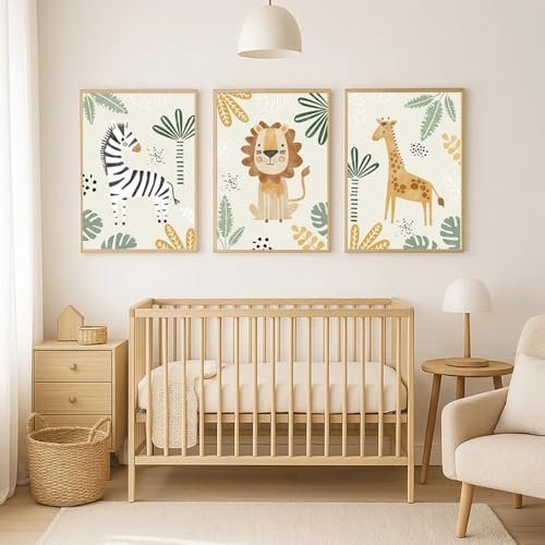 BeiYiHo 3 Poster Tiere im Wald Löwe Giraffe Zebra Bilder Kinderzimmer Jungen Dschungel Bild Babyzimmer Beige Grün Poster Safari Kinderzimmer Wandbilder Deko Waldtiere Leinwand 30 x 40 cm ohne Rahmen