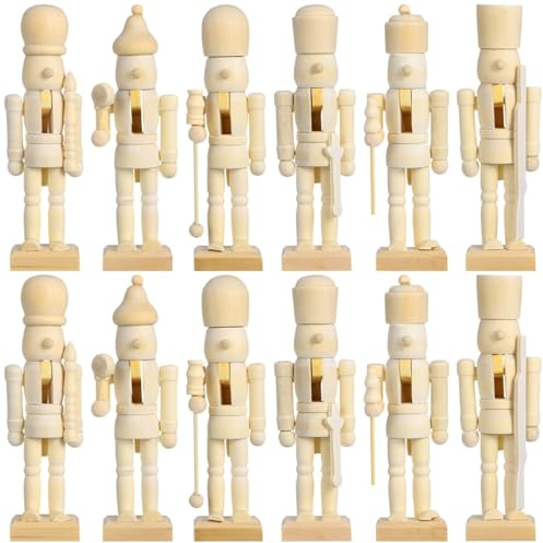 iplusmile 12 Stück Weihnachts-Holz-Nussknacker: 13cm/5,1 unfertige Nussknacker-Figuren, unbemalte Walnuss-Soldat-Ornamente für Weihnachtsschmuck, Heimdekoration, Kinderbastelei (zufällige Stile)