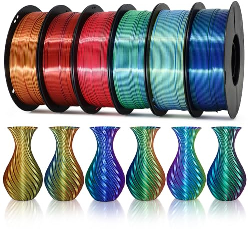 EONO PLA Dreifarbiges Filament, 6x1KG Bunt, 3D Drucker Filament, Silk PLA,Blau-Grün-Gold,Gold-Kupfer-Blau1,Rot-Gold1-Blau,Rot-Blau2-Grün,Rose/Blau/Grün1,Gold2/Kupfer/Schwarz