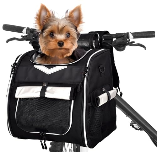 VENFOREST Dog Bike Basket, Foldable Pet Bike Carrier Backpack with Safety Strap, Waterproof Pet Bike Basket Suitable for Small Cats Kitten Puppy Dogs （New Black）