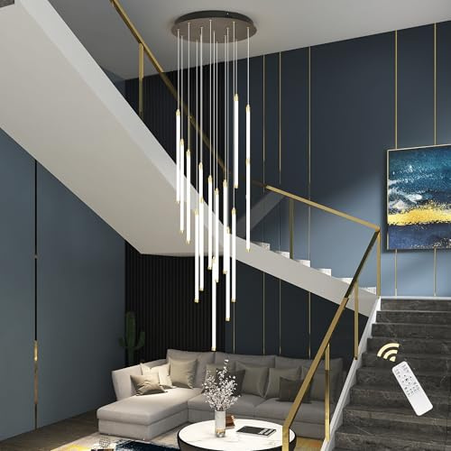 Qcyuui LED Kronleuchter 15-flammig, Treppenhaus Lampe Höhenverstellbar | 110W Pendelleuchte mit 2,5 m Kabel, Ø50 cm Baldachin, Dimmbar, für Hohe Decken, Galerie, Villa und Wohnzimmer