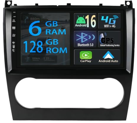 [6+128GB] Keconsing 9 Zoll Android 16 Autoradio für Mercedes Benz C Class W203 W209 C180 C200 2005-2009 Radio Carplay Stereo Wireless Car Play GPS Navi Bildschirm Bluetooth Navigation Player