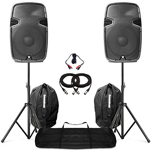 Vonyx SPJ-1500A 15 Active PA Speaker System Pair with Stands, Bags & Cables – Portable 1600W Speaker Set for Mobile DJs, Live Music & Events – Easy Setup & Powerful Sound Coverage