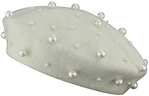 MINAKOLIFE Damen Französisch Künstler Solide 100% Wolle Baskenmütze mit Full Pearl (Weiß)