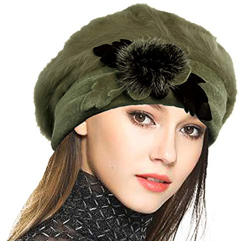 VECRY Damen Wolle Barette Angola Kleid Beanie Schädel Mützen Stricken Winter Hüte (Grün)