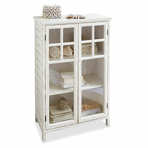 Loberon Kommode Weston, im Landhaus-Stil, mit Zwei Glasfenster-Türen, Zierendes Antik-Finish, Vitrine, Vitrinenschrank, Kiefernholz, antikweiß