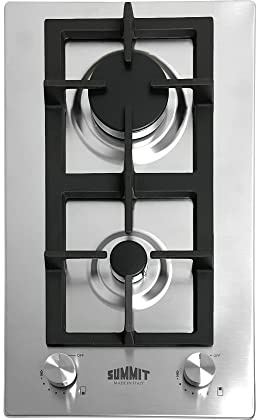 Summit GCJ2SS Table de cuisson à gaz en acier inoxydable de 30,5 cm avec 2 brûleurs scellés Boutons design Grilles en fonte Wok Ring
