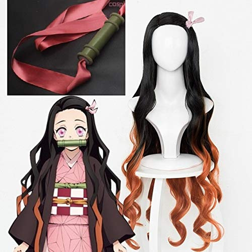 Demon Slayer Kimetsu no Yaiba Kamado Nezuko Cosplay Wig Heat Resistant Synthetic Hair Wigs +Wig Cap + Bamboo Props Sealing Stick Wig and Stick 2