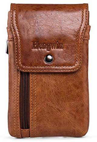 Hengwin Herren Rindsleder Dual Handy Gürteltasche mit Reißverschluss Tasche, Leder Handy Holster Fall für iPhone 16 15 14 Pro Max, Samsung S25 S24 Ultra Smartphone Kleiner als 17.78 cm, XL (Braun)
