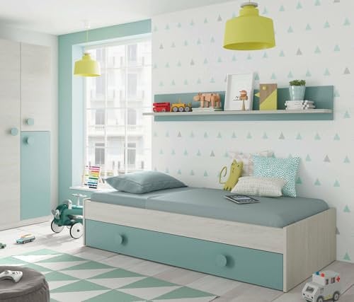 Dmora - Letto per bambini Lubbock, Struttura letto per cameretta, Letto con lettino estraibile e mensola, 201x98h43 cm, Bianco e Verde acqua