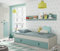 Dmora - Kinderbett Lubbock, Bettgestell für Schlafzimmer, Bett mit ausziehbarem Kinderbett und Regal, 201 x 98 x 43 cm, Weiß und Aquagrün