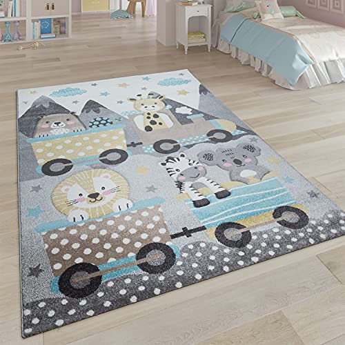 Paco Home Kinderteppich Teppich Kinderzimmer Spielteppich Junge Mädchen 3D Konturenschnitt Tier Motiv Grau Gelb Braun, Grösse:120 cm Rund