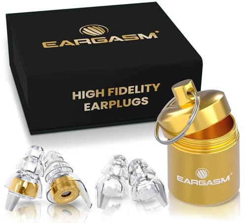 Eargasm HiFi-Ohrstöpsel mit Goldfiltern – wiederverwendbare Ohrstöpsel mit Geräuschreduzierung zum Gehörschutz mit Etui für Konzerte, Festivals, Raves, Musiker, Live-Events, Sport