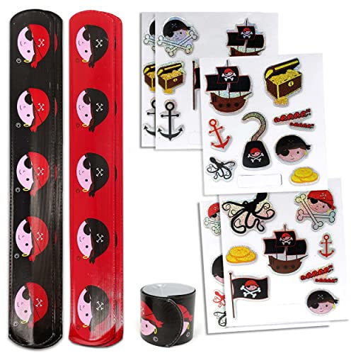 TOBJA Pirat Schnapparmband Sticker Set - Knickarmbänder und Aufkleber 10er Set | Klatscharmband für Jungen Kindergeburtstag Mitgebsel | Armband als Kinderparty Giveaway Gastgeschenk
