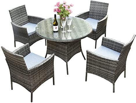 RayGar Rattan-Esszimmer-Set, Gartenmöbel, 4 Stühle, rund, Grau, 5-teilig